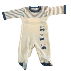 VTG Friemanit Baby Knit Romper Cream Stripes Bear Bunny Cat Size 9 Mo Coverall